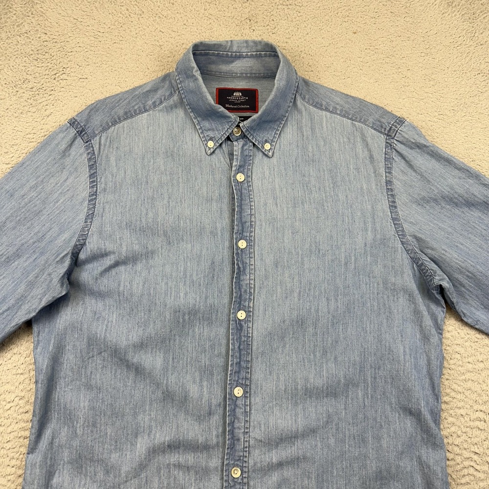 Hawes & Curtis Shirt Mens Medium Blue Chambray Button Down Slim Fit Long Sleeve - Picture 4 of 13